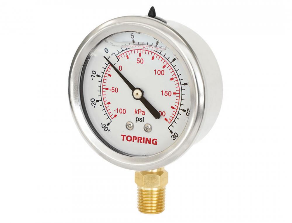 Manomètre en inox avec glycérine 2-1/2 po 30 Hg + 30 PSI