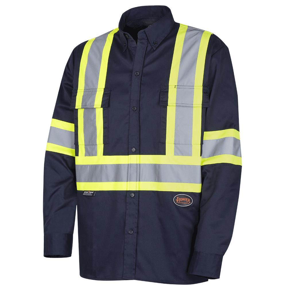 Navy button work shirt  Polyester/cotton with reflective tape - S